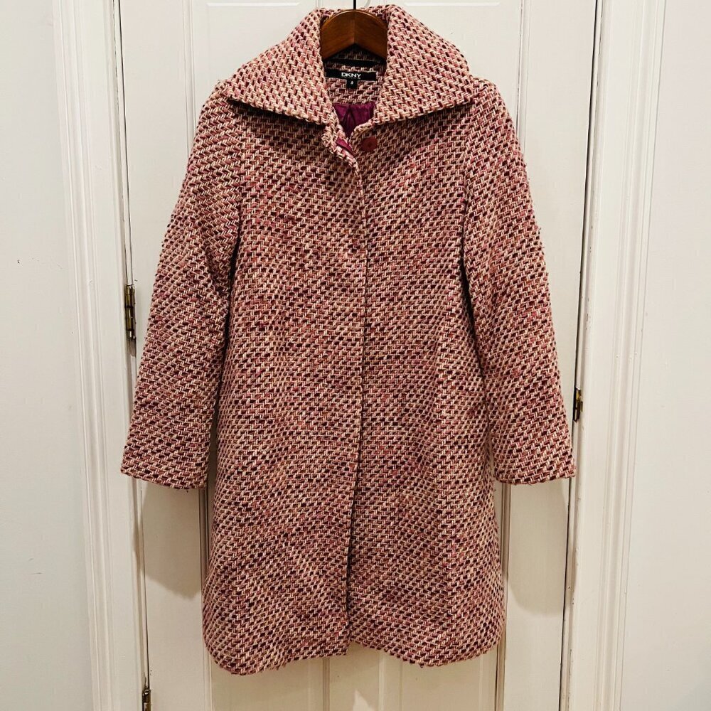 DKNY Ladies Women's Vintage Pink Tweed Over Coat Size 8 Medium Jacket - Picture 13 of 16